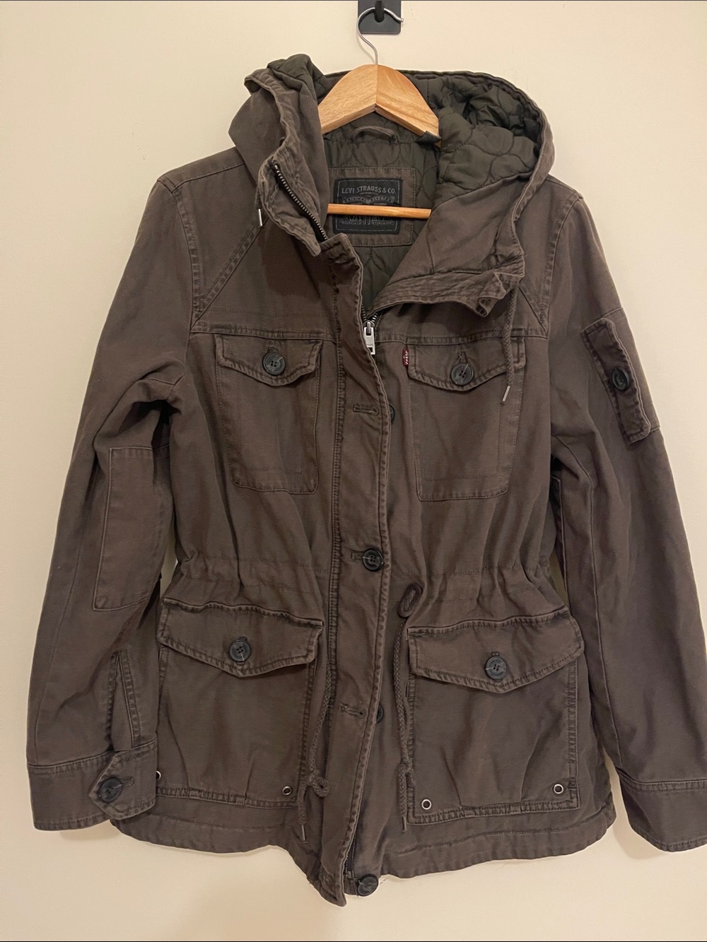 Levi's Women's Hooded Utility Jacket in Olive Brown Heavy size L New